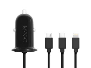 Adaptor 3in1 pentru bricheta auto 12-24V - USB + cablu Lightning Micro USB si USB Type-C 3.1A negru M`N`C 54920BK