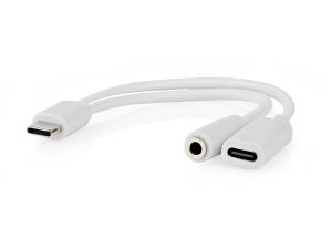 Adaptor PROFESIONAL USB type C tata - USB-C mama / Jack 3.5 mm mama casti 10cm alb Nedis CCGB64922WT01