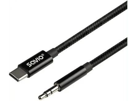 Cablu USB C tata la Jack 3.5 mm tata 1m negru textil SAVIO CL-187