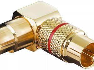 Mufa adaptor RCA mama - RCA tata cotit 90 grade aurita inel rosu Goobay