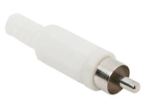 Mufa RCA tata din plastic alb cu protectie pentru cablu