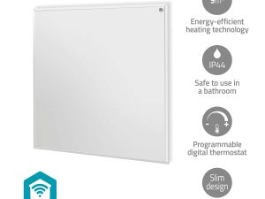 Panou radiant cu infrarosu Nedis WiFi 350W termostat telecomanda IP44 alb 598x620x240mm HTIP350WTW