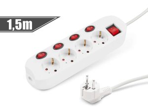 Prelungitor cu 4 prize si buton 4+1 250V 16A 3500W conductor 3x1.50mm2 1.5m alb Delight