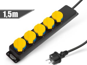 Prelungitor pentru exterior cu capac 1.5m 5 prize 3x1.5mm2 IP44 negru Delight 20223E
