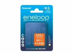 Set 4buc Eneloop Panasonic acumulatori Ni-MH AAA R3 800mA 2100cicluri + carcasa protectie BK-4MCDE/4CP+case